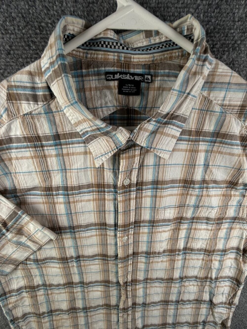 Quiksilver Men Short Sleeve Button Up Shirt Large Beige Brown Plaid Cotton ****